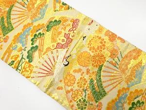 アンティーク　扇に鶴・花模様織り出し丸帯(着用可)